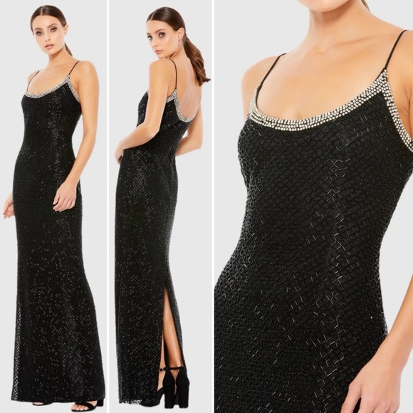 Mac Duggal Black Beaded Spaghetti Strap Rhinestone-Encrusted Column Gown - 6 - Picture 3 of 13